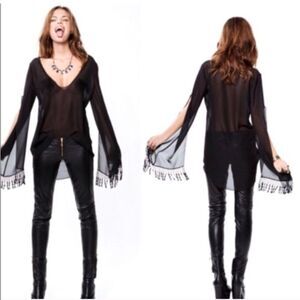 For Love & Lemons Black Sheer Fringe Split Sleeve Blouse Size Large